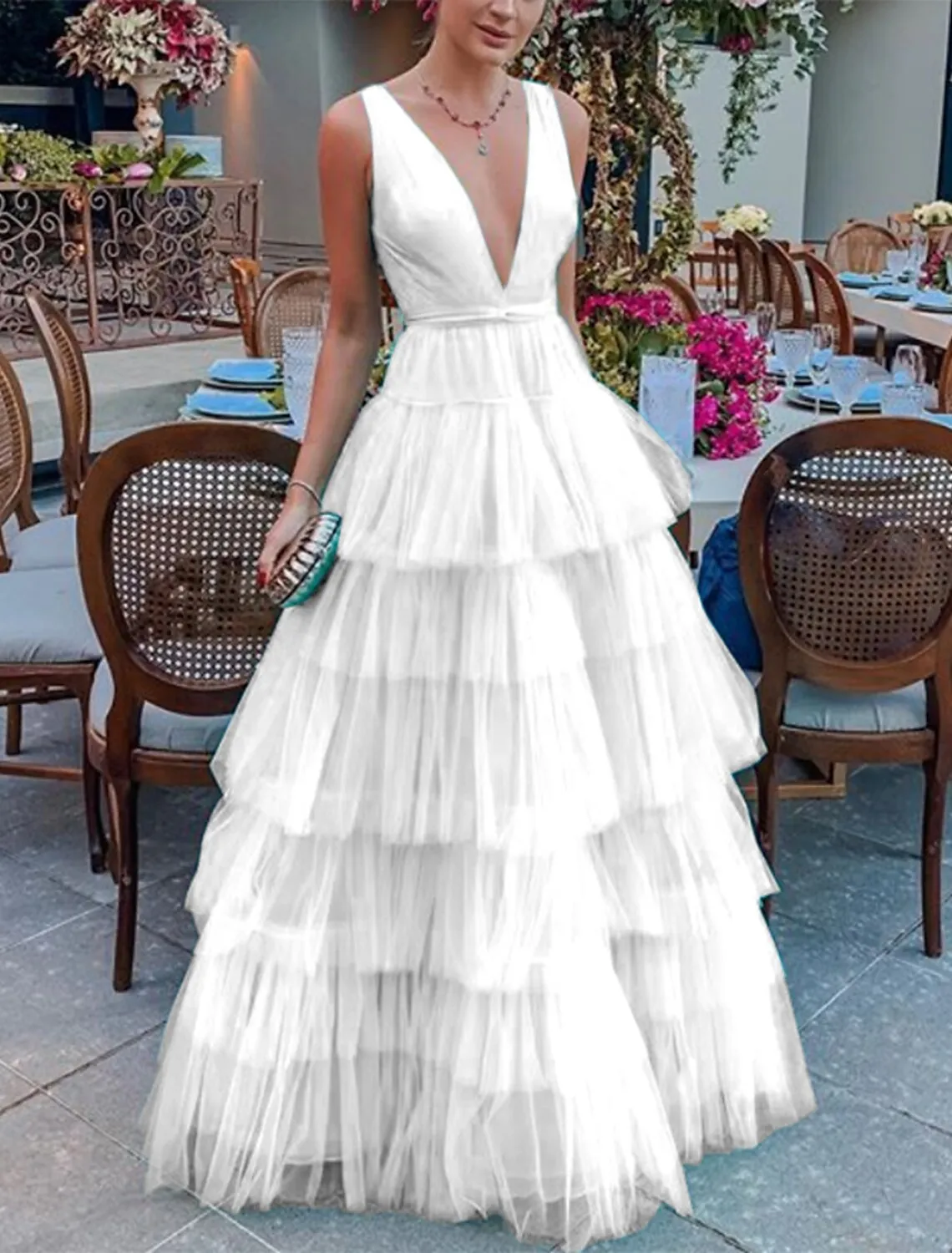 A-Line Prom Dresses Tiered Plisse Dress Party Wear Wedding Party Chapel Train Sleeveless V Neck Tulle with Pleats