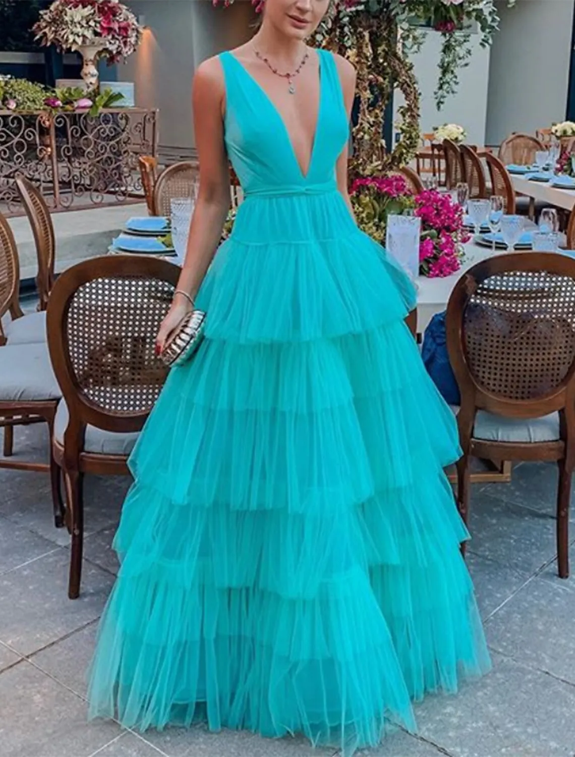 A-Line Prom Dresses Tiered Plisse Dress Party Wear Wedding Party Chapel Train Sleeveless V Neck Tulle with Pleats