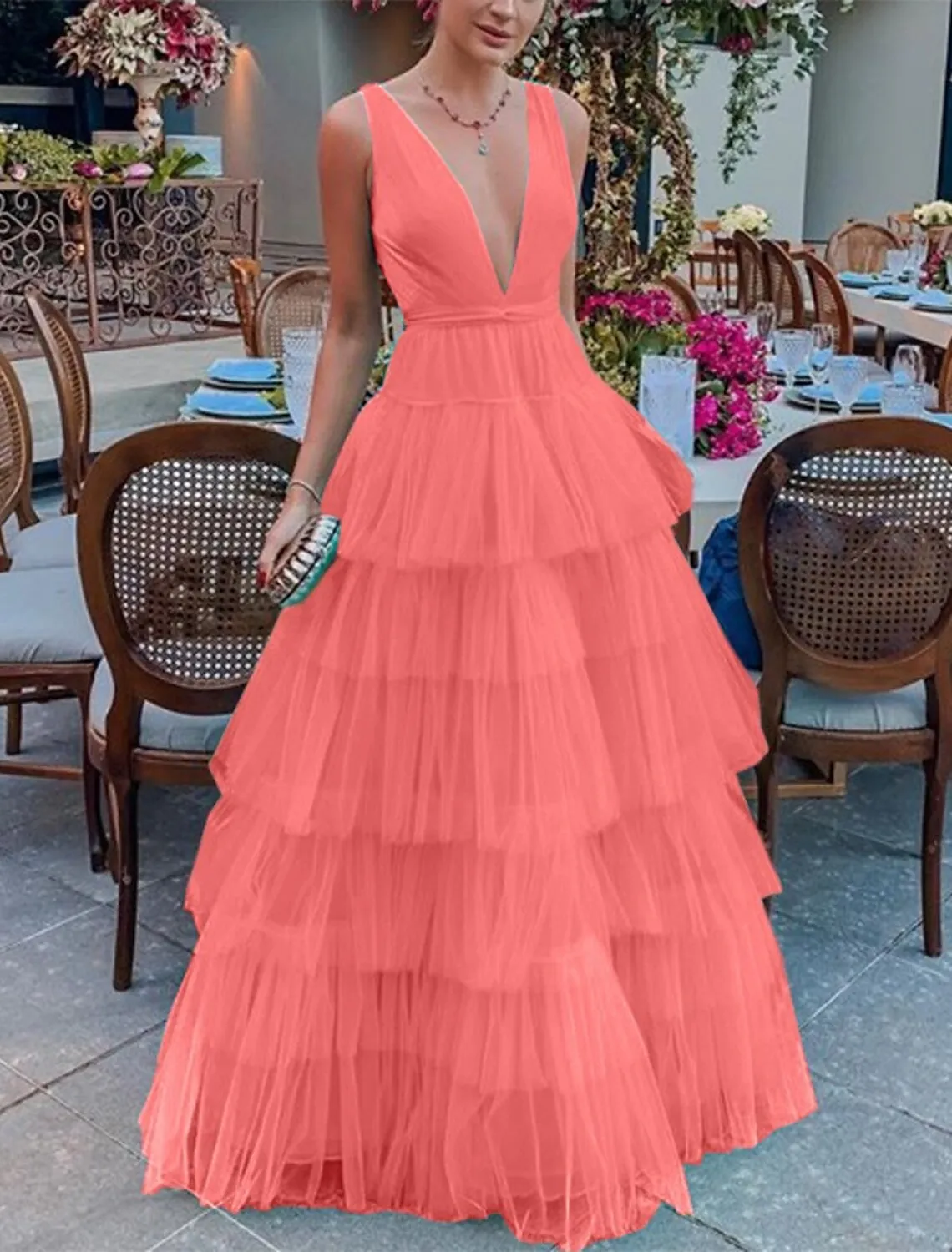 A-Line Prom Dresses Tiered Plisse Dress Party Wear Wedding Party Chapel Train Sleeveless V Neck Tulle with Pleats