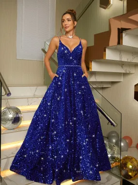 A-Line/Princess Velvet Sequins Paillette V-neck Sleeveless Sweep/Brush Train Dresses