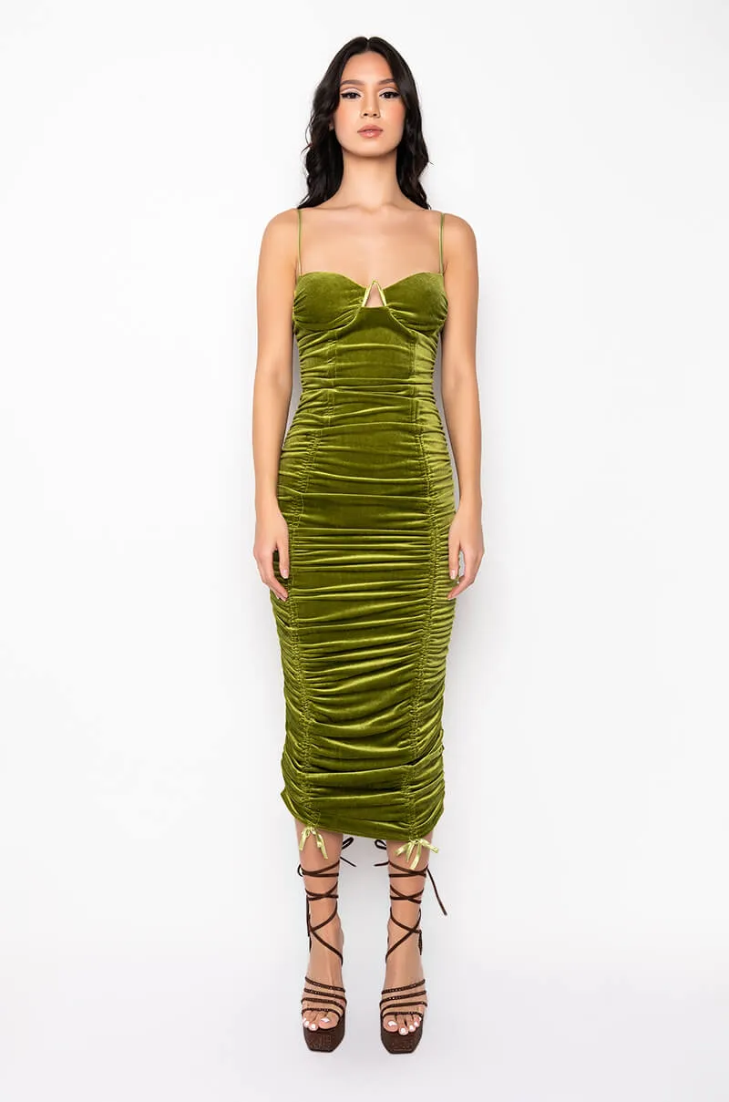 ALL RUCHED UP VELVT MIDI DRESS