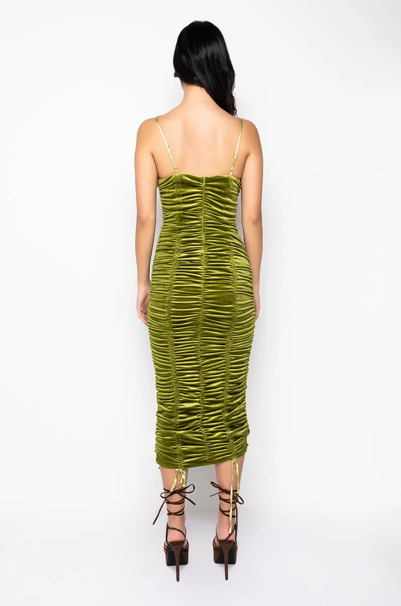 ALL RUCHED UP VELVT MIDI DRESS