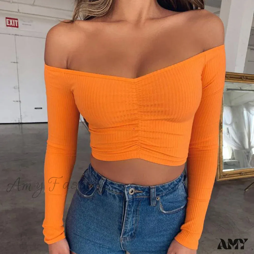 Amy Fashion - Sexy Off Shoulder Solid Color Umbilical Tops