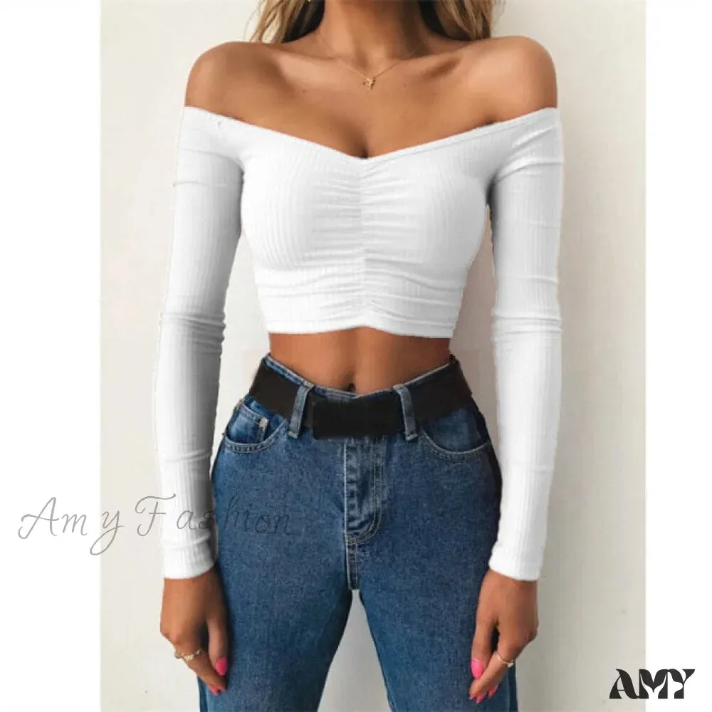 Amy Fashion - Sexy Off Shoulder Solid Color Umbilical Tops