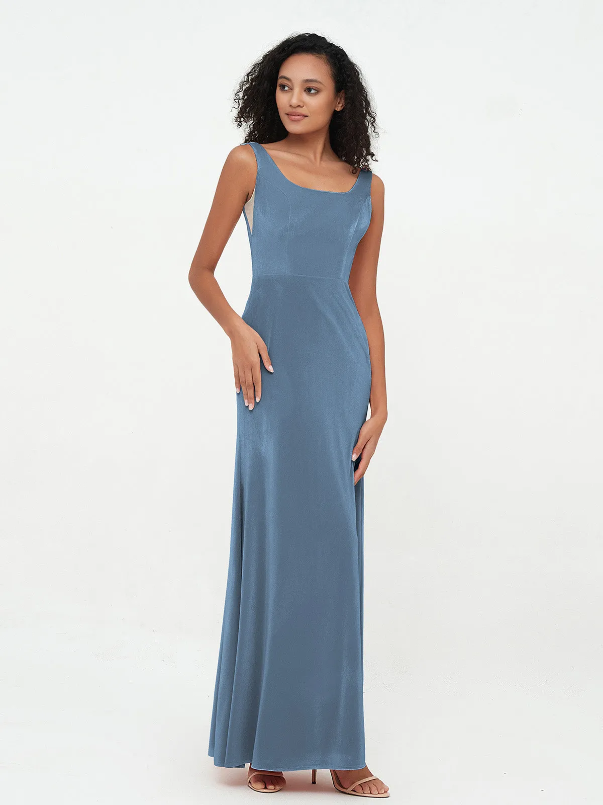 Bateau Neck Mermaid Long Velvet Dresses Slate Blue Plus Size