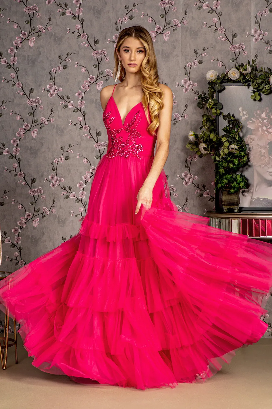 Beaded Sleeveless Tiered Ruffled Gown by GLS Gloria GL3452