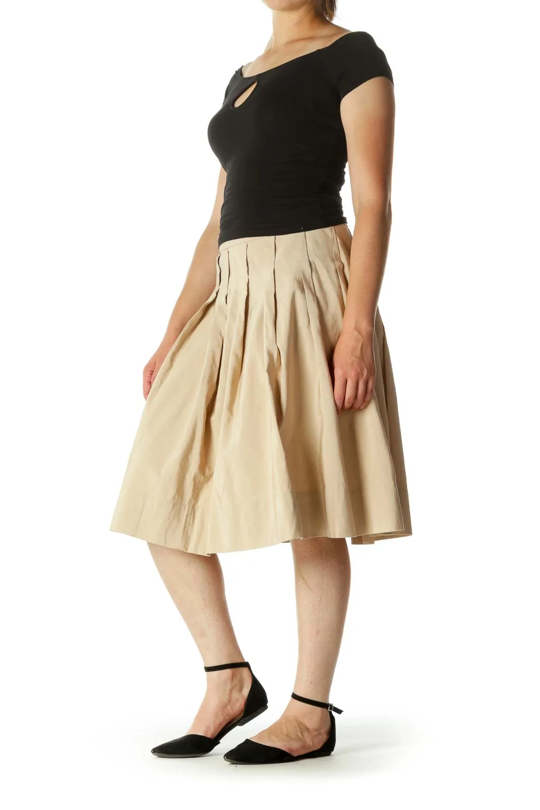 Beige Textured Pleated Cinched-Waist Flared Skirt