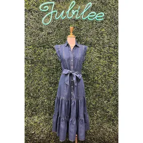 Belted Denim Tiered Midi Dress