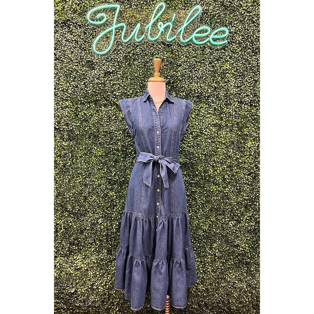 Belted Denim Tiered Midi Dress