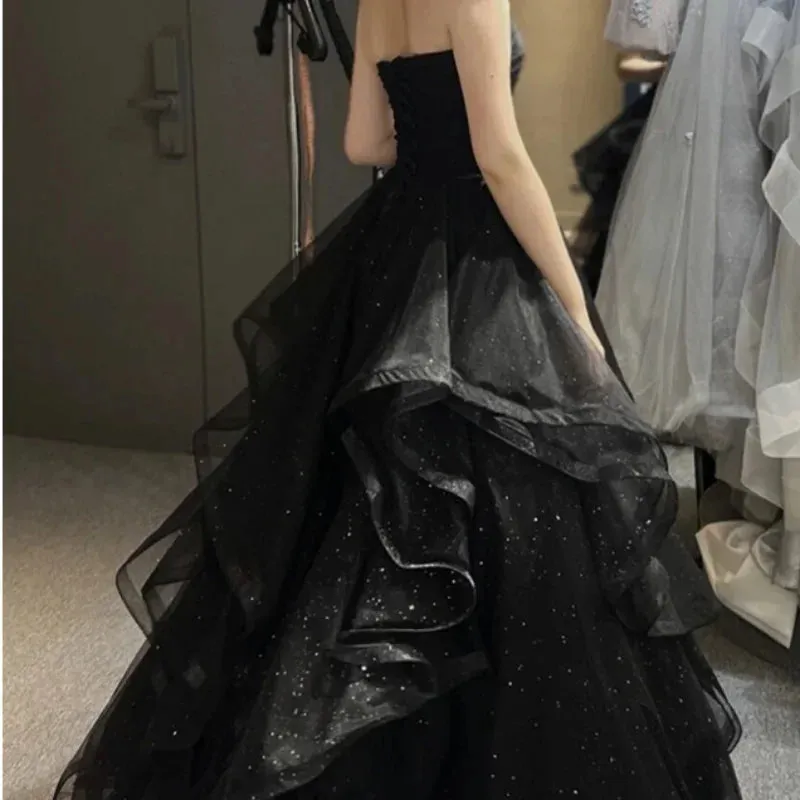 Black Elegant Party Prom Dresses Strapless Tiered Draped Ball Gown Formal Dress Women Robe