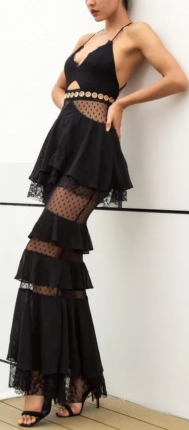 Black Lace-Paneled Tiered Sleeveless Gown