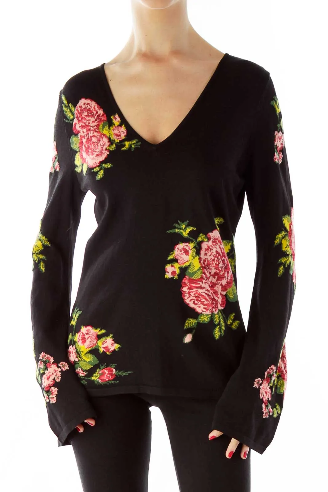 Black Multicolor Flower Embroidered Blouse