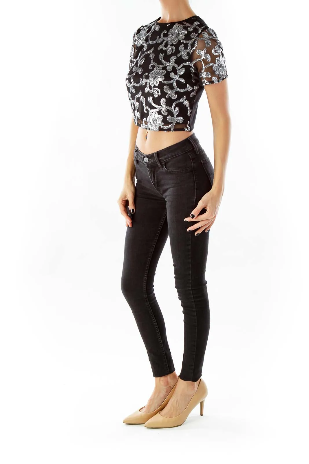 Black Silver Sequin Embroidered Crop Top