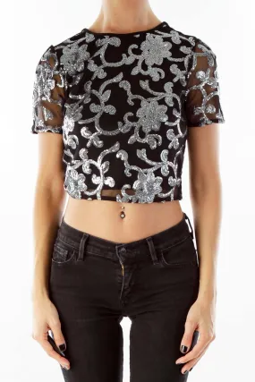 Black Silver Sequin Embroidered Crop Top