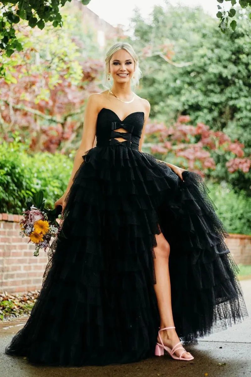 Black Strapless Ruffle Tiered Tulle Long Prom Dresses