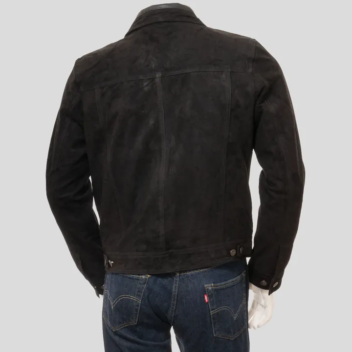 Black Suede Leather Trucker Jacket