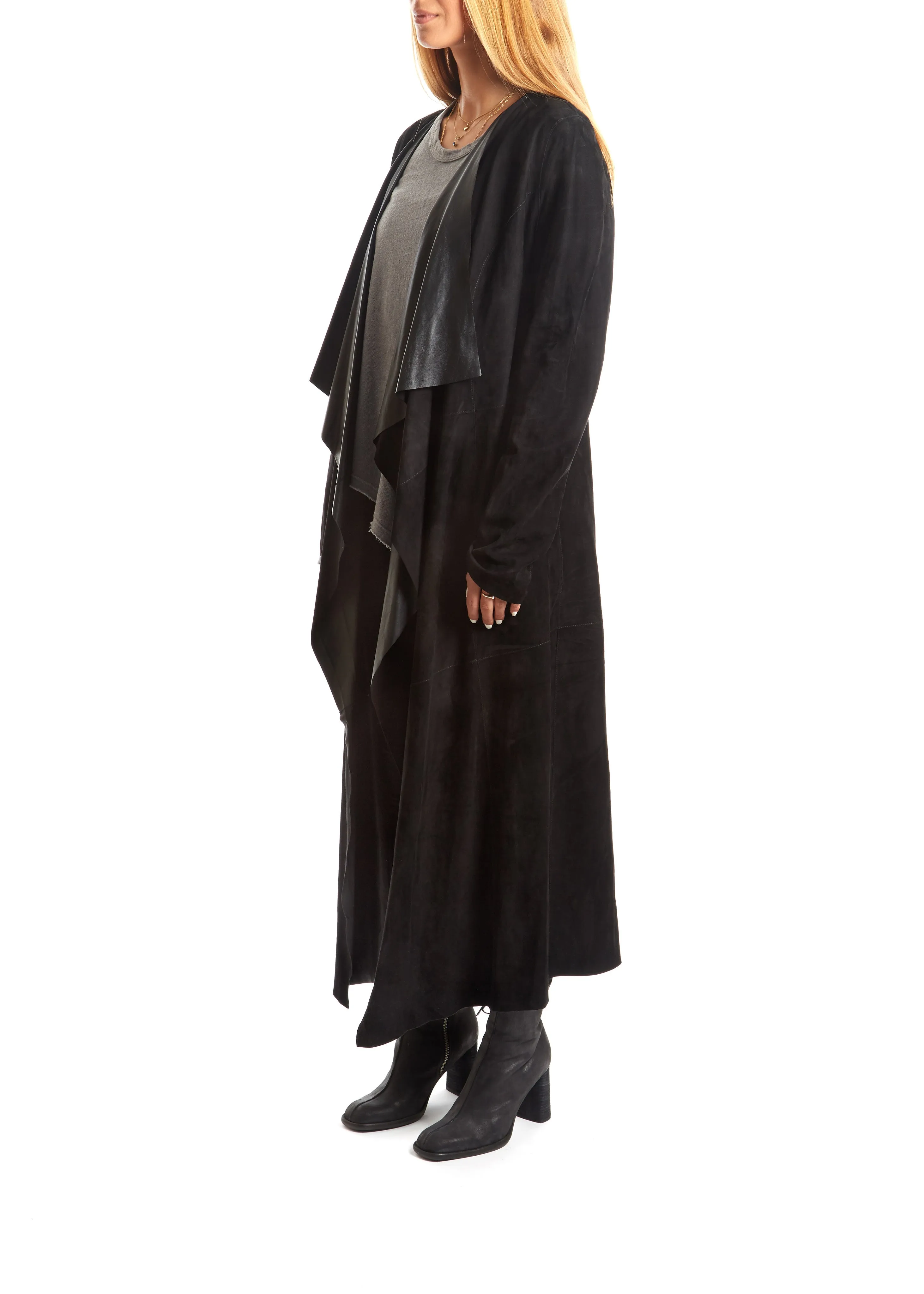 Black Suede Long Waterfall Coat