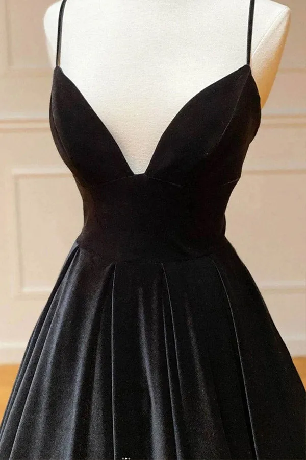 Black Velvet A-line V-neck Spaghetti Straps Prom Dresses, Evening Dresses, SP886