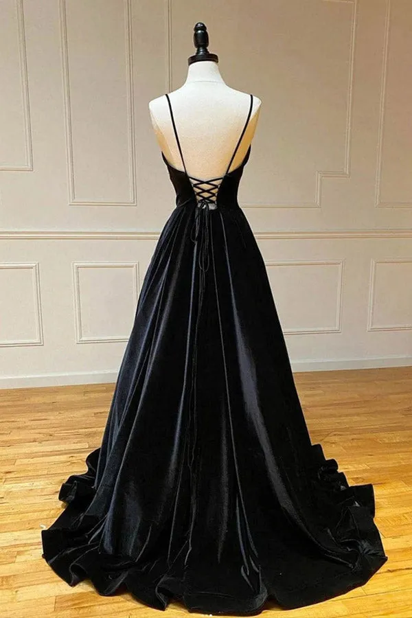 Black Velvet A-line V-neck Spaghetti Straps Prom Dresses, Evening Dresses, SP886