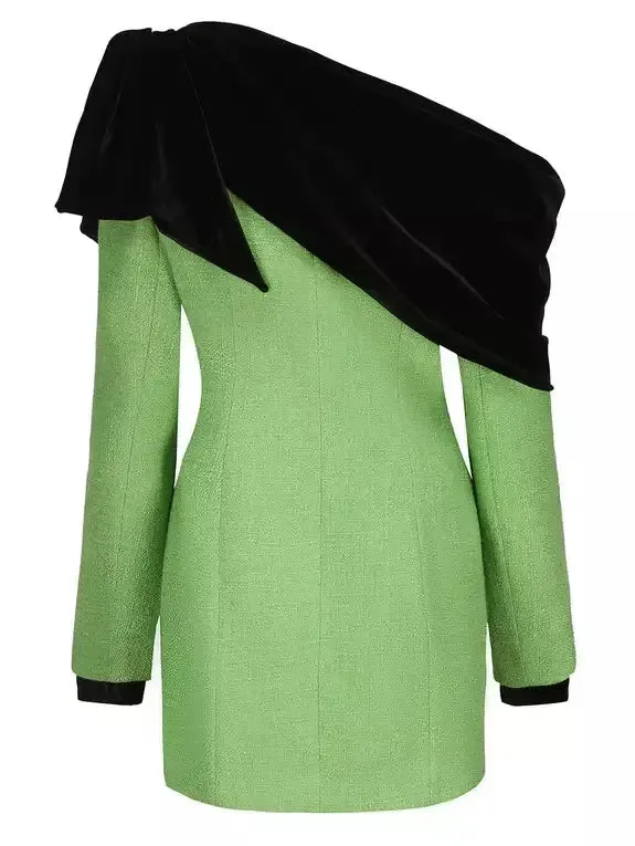 Black Velvet-Trim Green Tweed Dress with Diamond Buttons