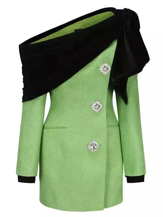 Black Velvet-Trim Green Tweed Dress with Diamond Buttons