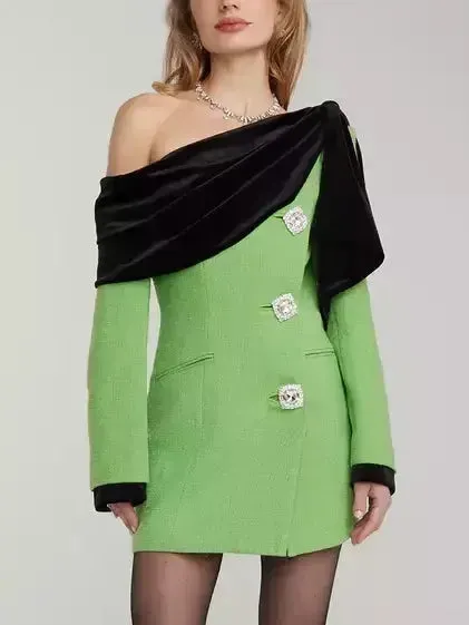 Black Velvet-Trim Green Tweed Dress with Diamond Buttons