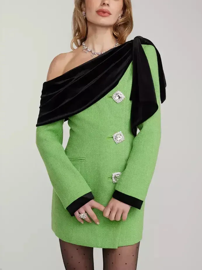 Black Velvet-Trim Green Tweed Dress with Diamond Buttons