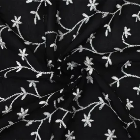 Black-White Floral Vine Embroidered Rayon Chiffon Woven Fabric