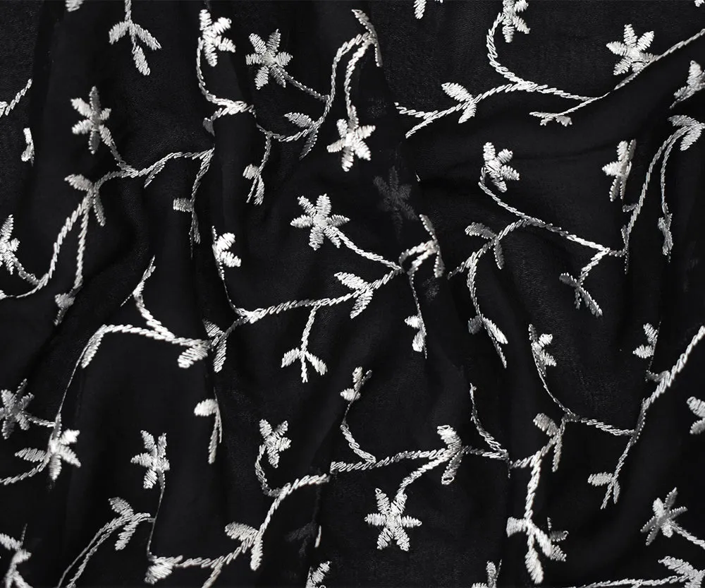 Black-White Floral Vine Embroidered Rayon Chiffon Woven Fabric