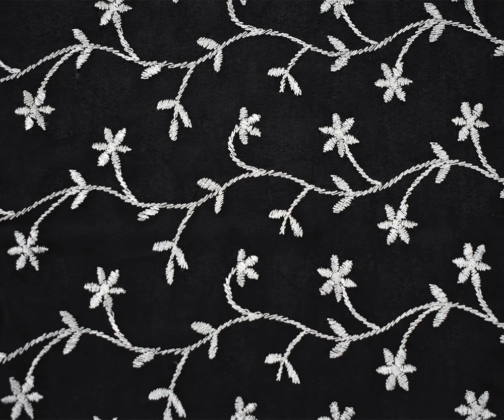 Black-White Floral Vine Embroidered Rayon Chiffon Woven Fabric