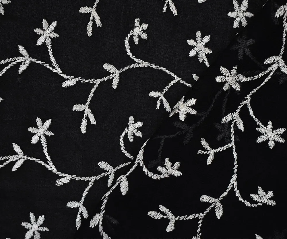 Black-White Floral Vine Embroidered Rayon Chiffon Woven Fabric