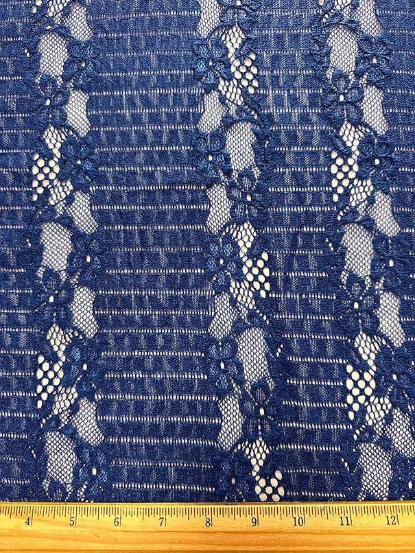 Blue Embroidered Floral Stripe Lace Fabric