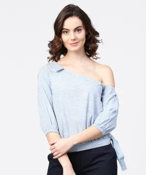 Blue striped half one side off shoulder cotton tops