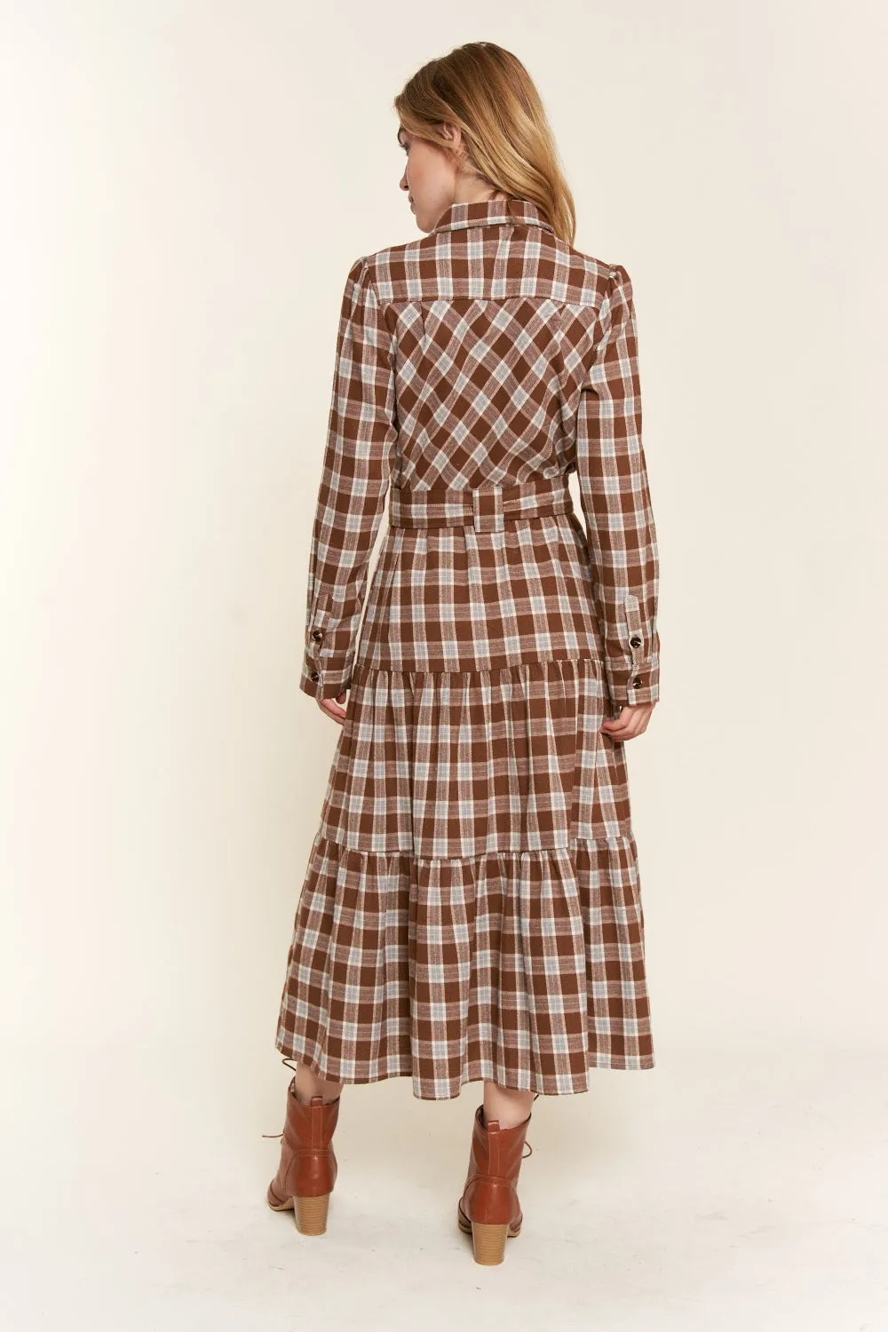 Blue Zone Planet |  And the Why Plaid Tiered Midi Shirt Dress