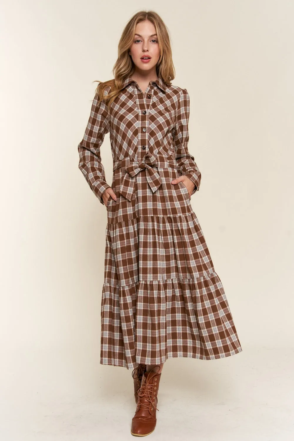 Blue Zone Planet |  And the Why Plaid Tiered Midi Shirt Dress