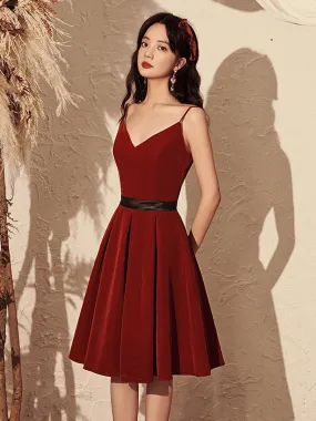 Burgundy velvet short prom dress, burgundy homecoming dress