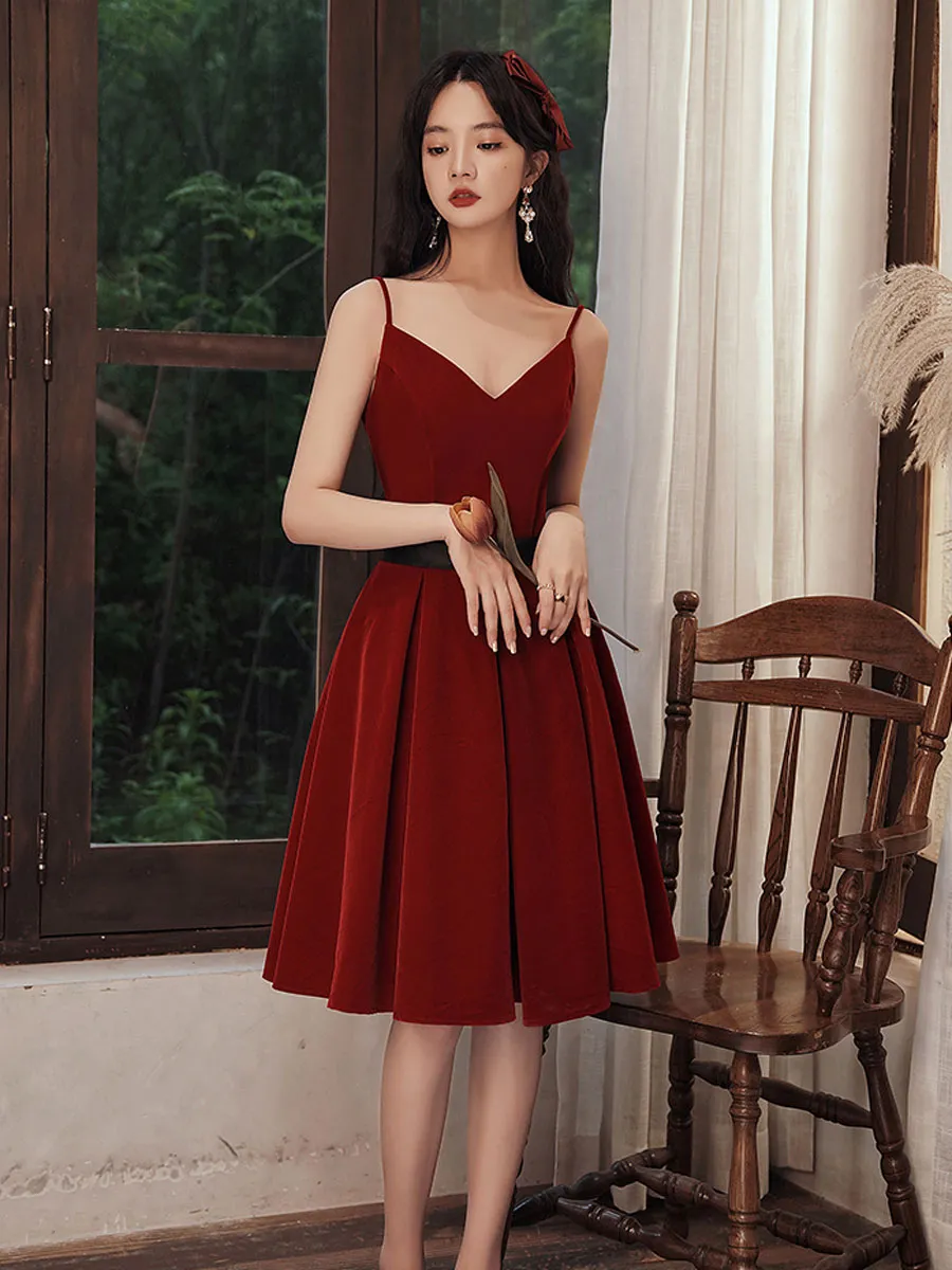 Burgundy velvet short prom dress, burgundy homecoming dress