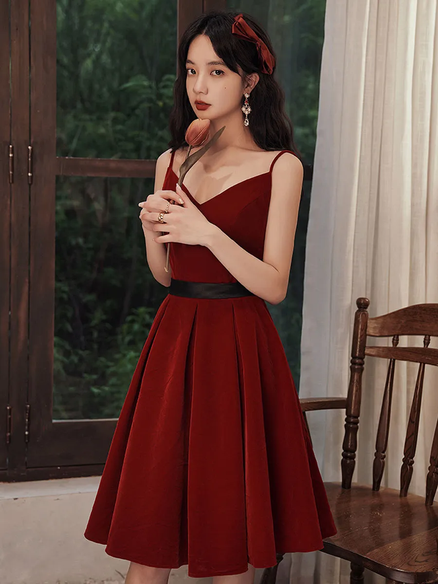 Burgundy velvet short prom dress, burgundy homecoming dress