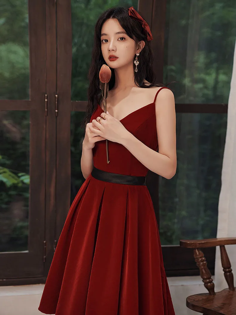 Burgundy velvet short prom dress, burgundy homecoming dress