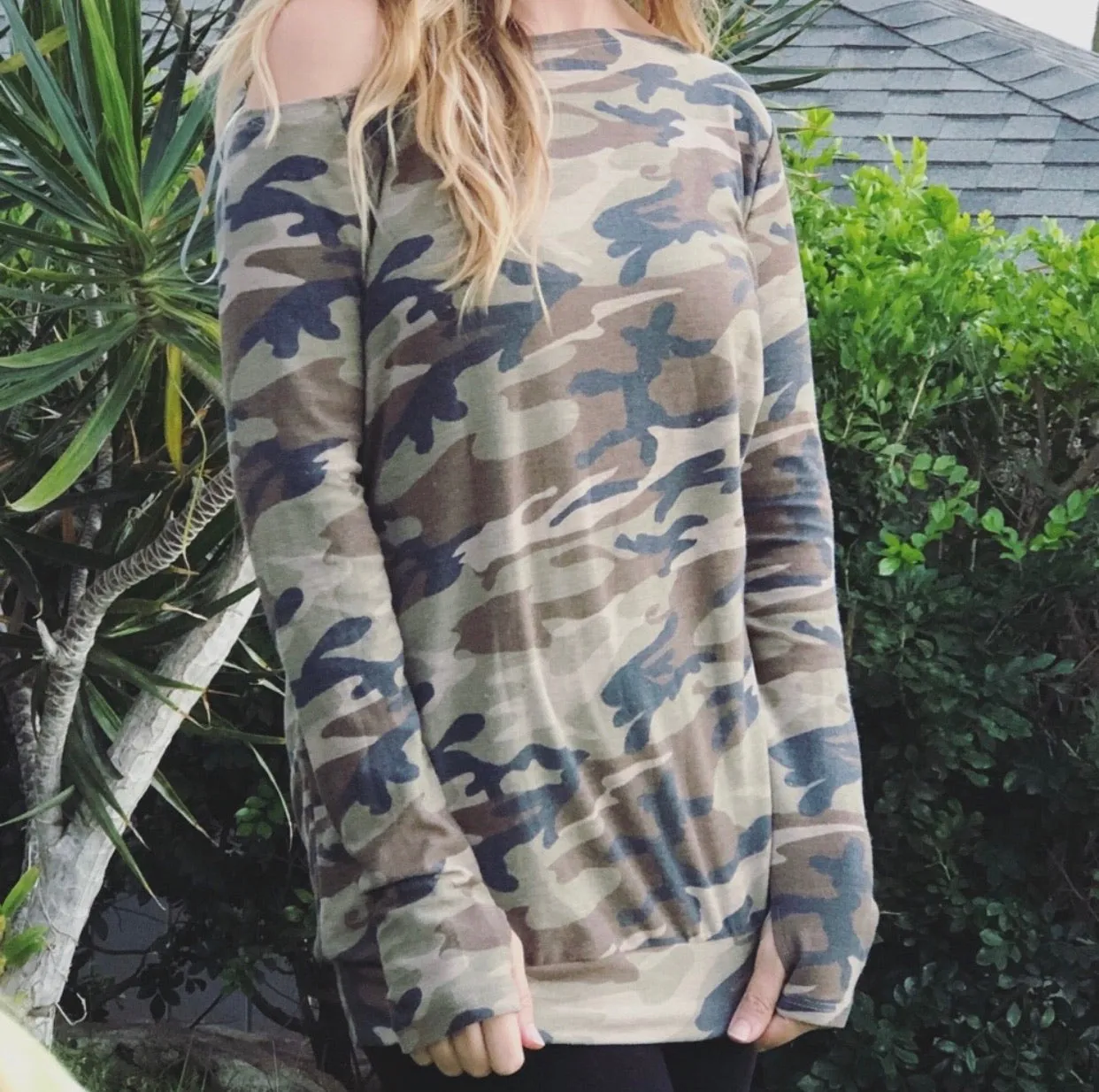 Camo Off Shoulder Top w/ Thumbholes