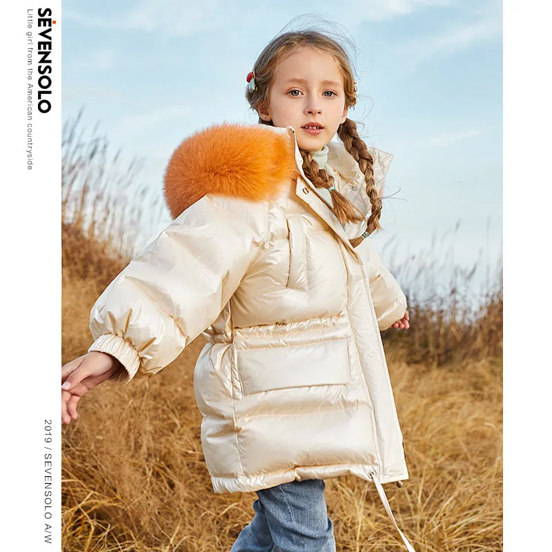 Children's down Jacket Mid-Length Big Fur Collar Kids' Coat Children GIRL'S down Coat