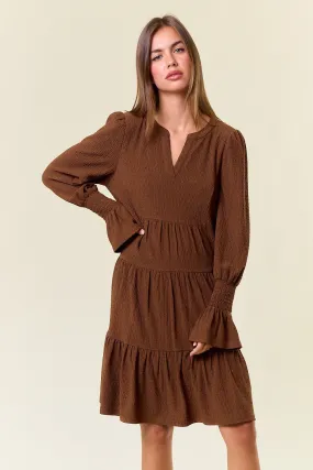 Coffee Cuff Puff Long Sleeve Tiered Mini Dress