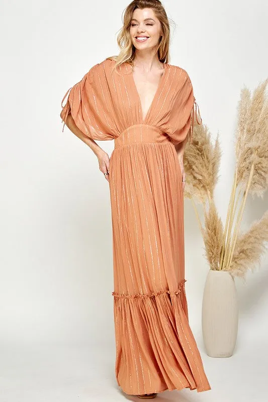 Copper Ruched Tiered V Neck Lurex Insert Maxi Dress