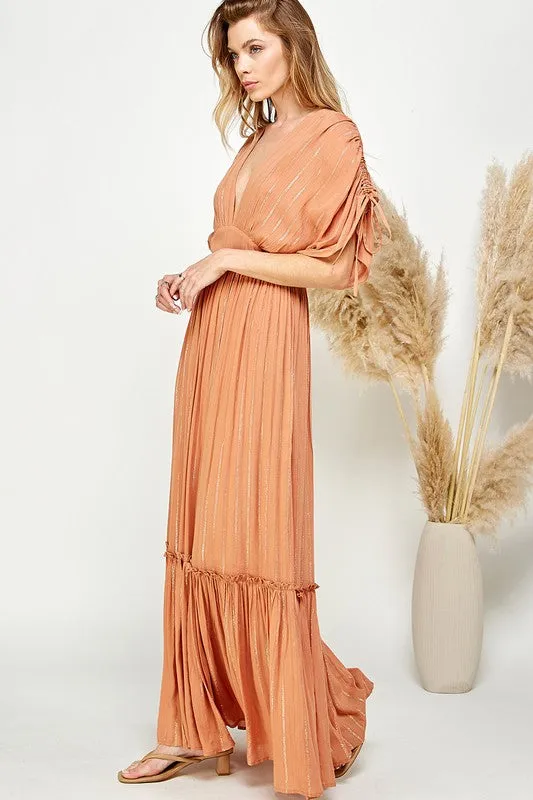 Copper Ruched Tiered V Neck Lurex Insert Maxi Dress