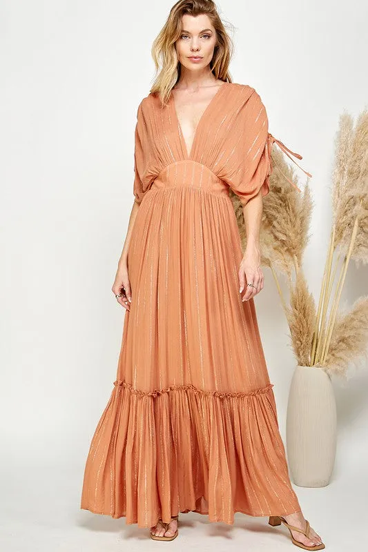 Copper Ruched Tiered V Neck Lurex Insert Maxi Dress