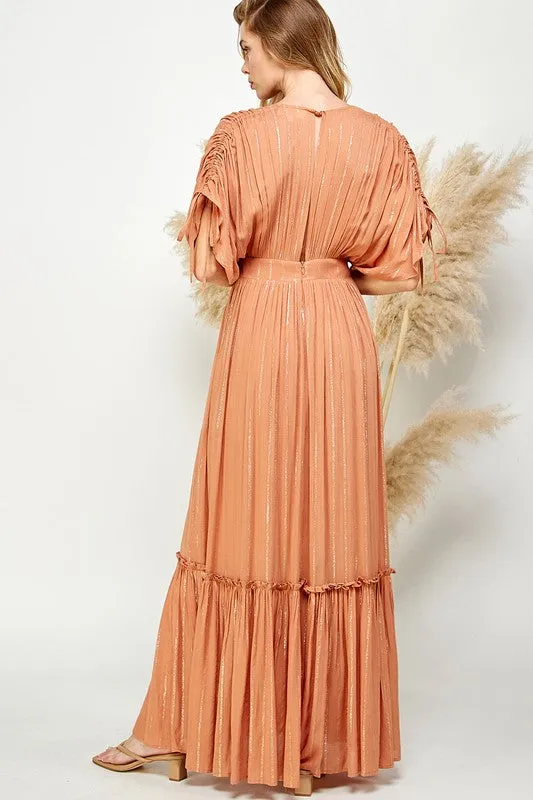 Copper Ruched Tiered V Neck Lurex Insert Maxi Dress