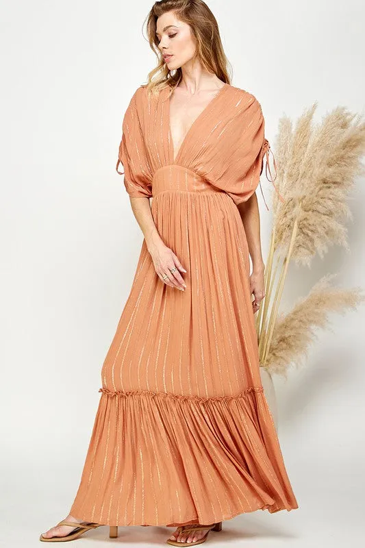 Copper Ruched Tiered V Neck Lurex Insert Maxi Dress