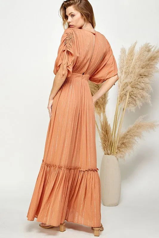 Copper Ruched Tiered V Neck Lurex Insert Maxi Dress