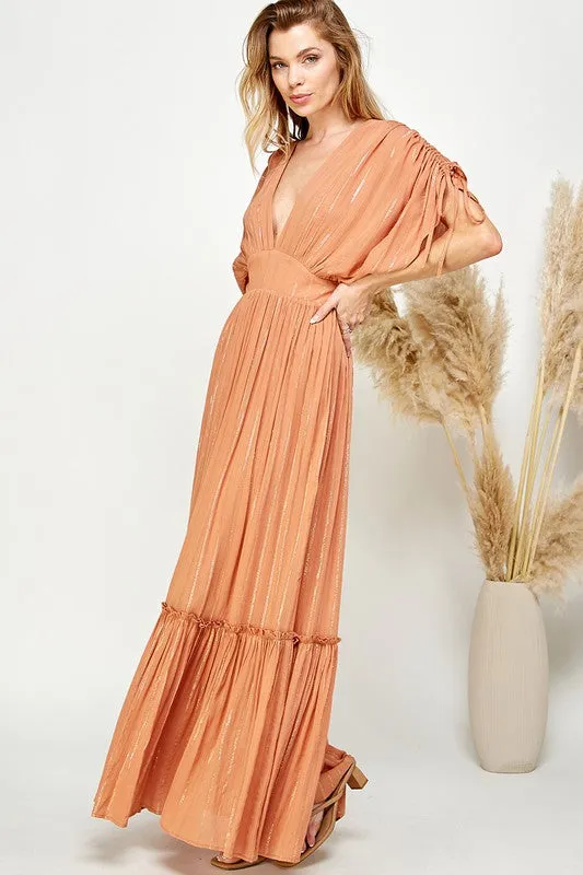 Copper Ruched Tiered V Neck Lurex Insert Maxi Dress