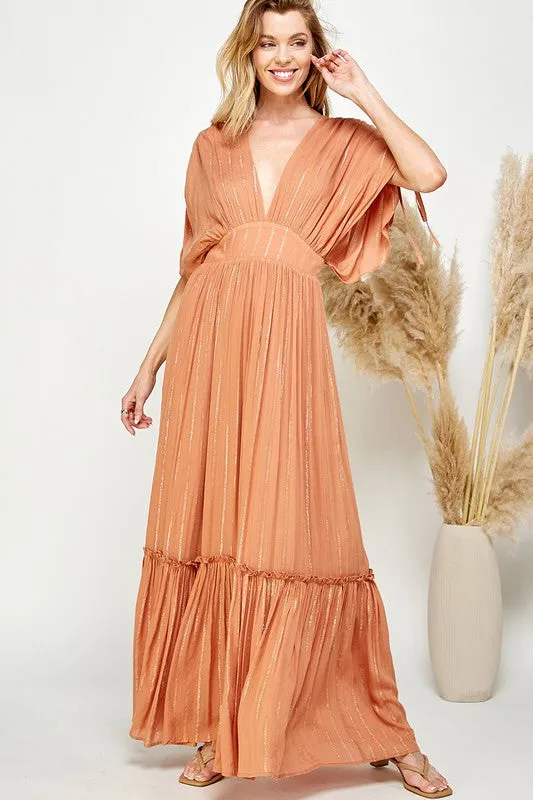 Copper Ruched Tiered V Neck Lurex Insert Maxi Dress